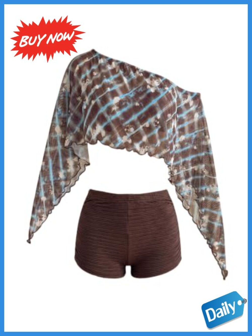 2 Piece Plaid Off Shoulder Crop Poncho Top & Shorts Set